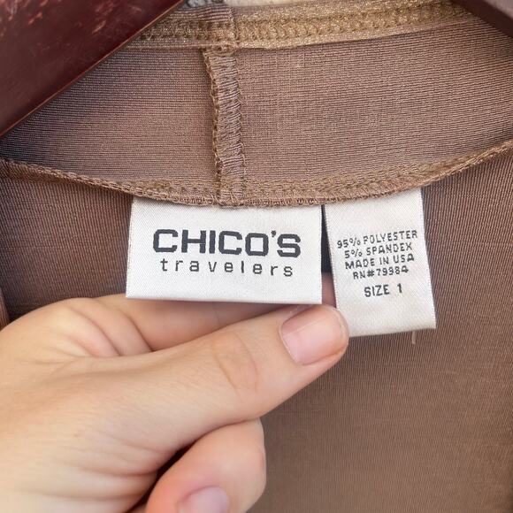 Chicos Travellers Gold Bronze Shimmer Open Cardigan Drape Jacket Size 1 - Picture 3 of 4